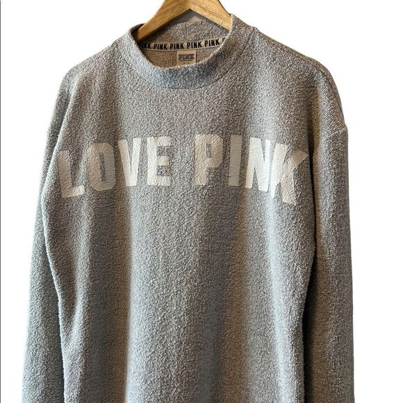 PINK LOVE PINK Graphic Grey Terry Cloth Long Fit Pullover Pullover Sweater S - Picture 2 of 7